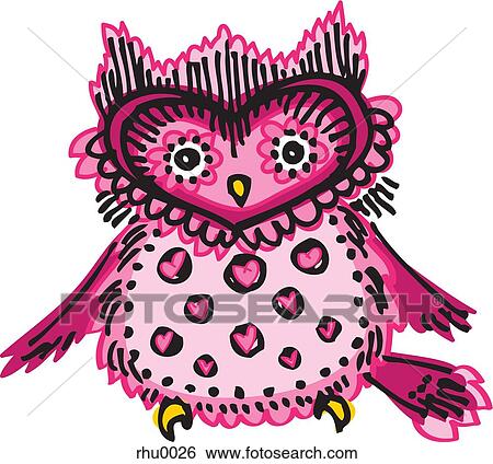 Stock Illustration - A pink owl with hearts and spots on its chest. Fotosearch