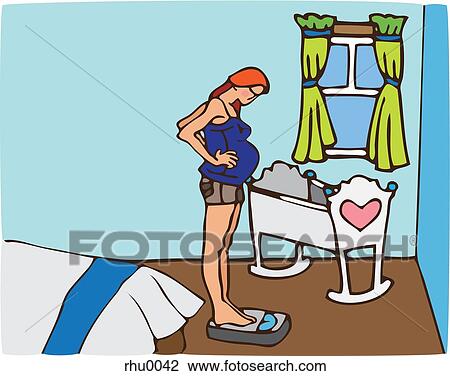 Drawing - A pregnant woman checking her weight in the bedroom with a cradle in the corner. Fotosearch