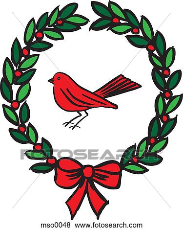Stock Illustration - A red bird inside a holly wreath with a bow. Fotosearch