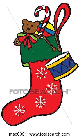 Clip Art - A red Christmas stocking filled with toys. Fotosearch