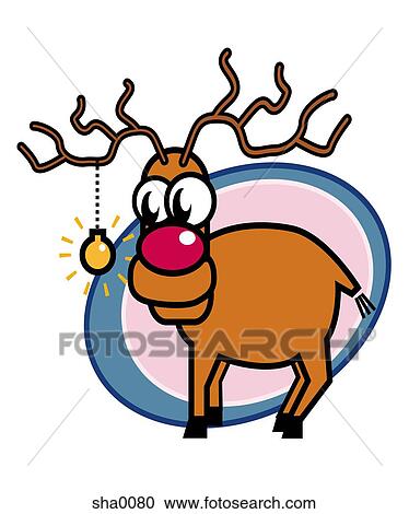 A red-nosed reindeer with an ornament hanging from its antler View Large Illustration Clipart - A red-nosed reindeer with an ornament hanging from its antler. Fotosearch