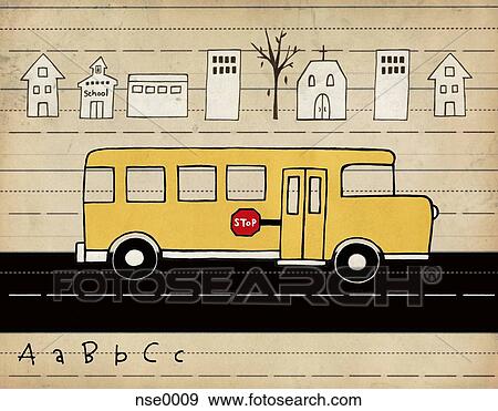 Stock Illustration - A school bus driving on a road with a row of town buildings behind and alphabet in front. Fotosearch