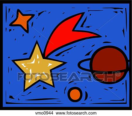 Stock Illustration - A shooting star, stars and a planet. Fotosearch