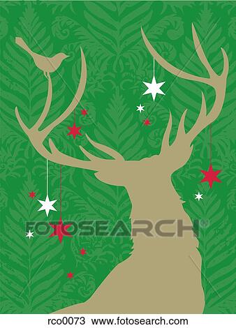A silhouette of a deer with stars hanging from its antlers and a bird perched on it View Large Illustration Drawing - A silhouette of a deer with stars hanging from its antlers and a bird perched on it. Fotosearch