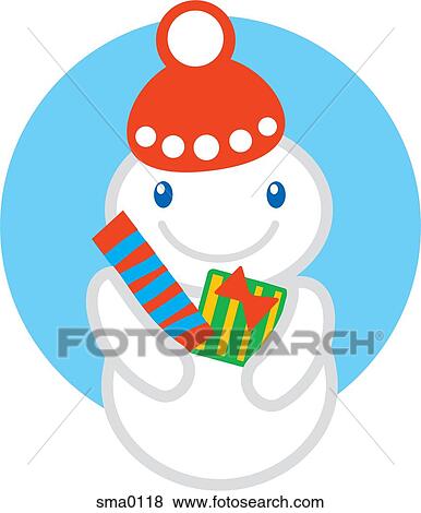 Stock Illustration - A smiling snowman wearing a winter hat and holding two Christmas gifts. Fotosearch