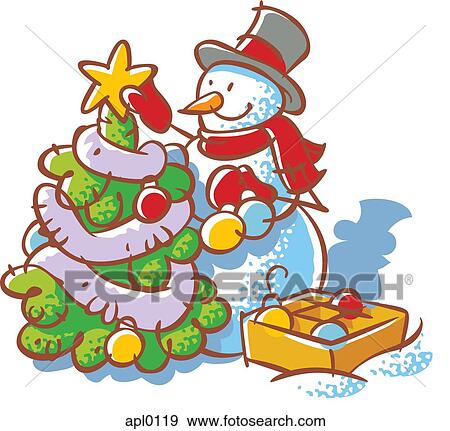 Stock Illustration - A snowman decorating a Christmas tree. Fotosearch