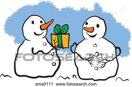 A snowman giving a present to another snowman View Large Illustration Clip Art - A snowman giving a present to another snowman. Fotosearch