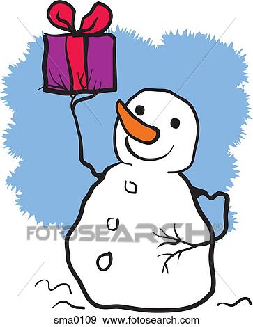 Stock Illustration - A snowman holding a gift. Fotosearch