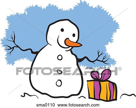 A snowman looking at a wrapped present box View Large Illustration Clipart - A snowman looking at a wrapped present box. Fotosearch