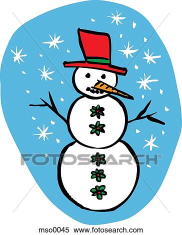 Stock Illustration - A snowman under snow flakes. Fotosearch