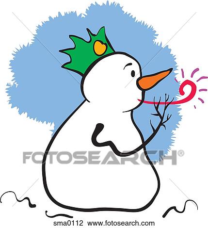 A snowman wearing a hat and blowing a noise maker View Large Illustration Drawing - A snowman wearing a hat and blowing a noise maker. Fotosearch