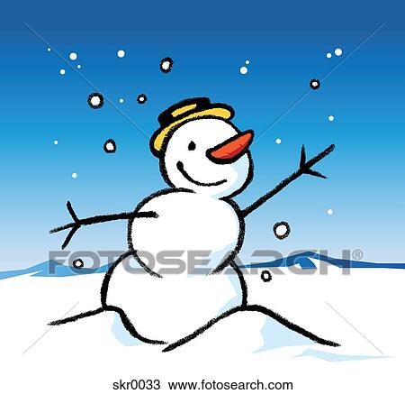 Drawing - A snowman wearing a hat in a snowy landscape. Fotosearch