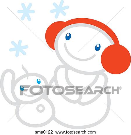 A Snowman Wearing Ear Muffs And A Baby Snowman Enjoying The Snow Drawing Sma0122 Fotosearch