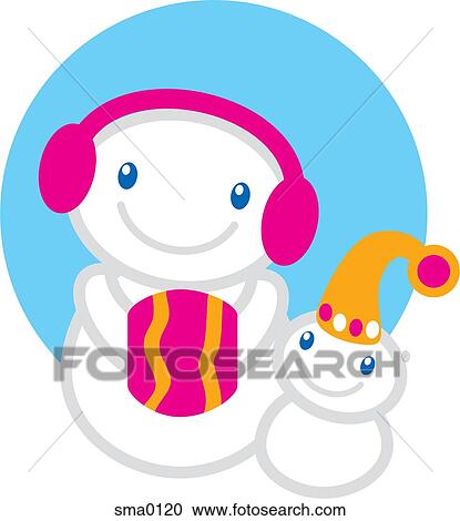 Clipart - A snowman wearing ear muffs and a hand muff and a little snowman in a hat. Fotosearch