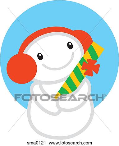 A snowman wearing ear muffs holding a Christmas gift View Large Illustration Clip Art - A snowman wearing ear muffs holding a Christmas gift. Fotosearch
