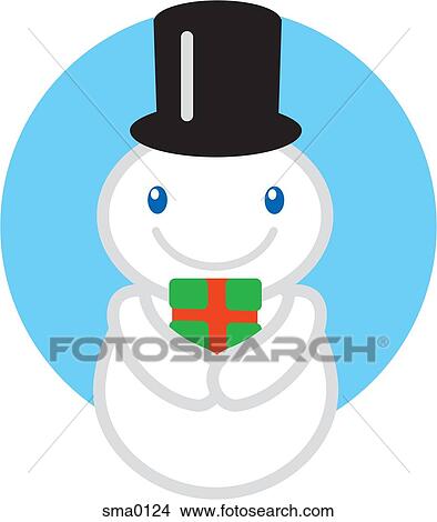 Stock Illustration - A snowman with a top hat holding a wrapped gift. Fotosearch