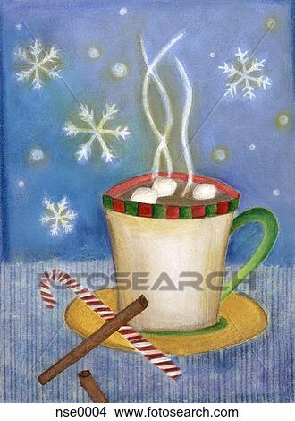 A steaming hot cup of cocoa with marshmallows, cinnamon sticks and candycane, against a snowflake background View Large Illustration Stock Illustration - A steaming hot cup of cocoa with marshmallows, cinnamon sticks and candycane, against a snowflake background. Fotosearch
