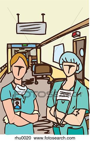 Clipart - A surgeon and medical assistant in a hospital corridor. Fotosearch