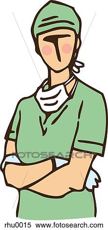 Stock Illustration - A surgeon in green medical scrubs with arms crossed. Fotosearch