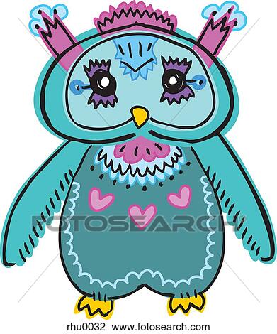 Drawing - A turquoise owl with pink hearts on its chest. Fotosearch