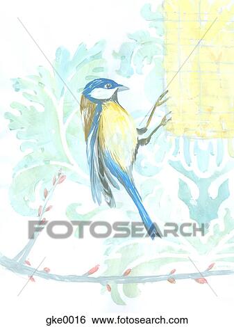 Stock Illustration - A winter bird eating seeds from a feeder. Fotosearch