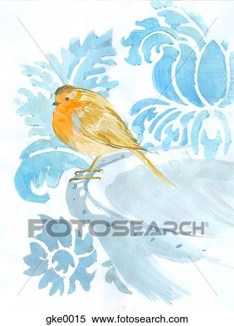 Stock Illustration - A winter robin on a blue ornate background. Fotosearch