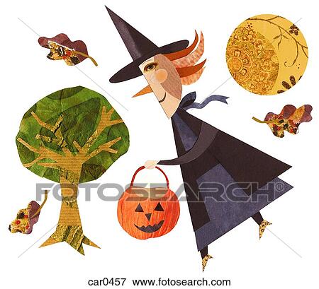 Stock Illustration - A witch holding a jack-o-lantern with a full moon in the background, and a tree and autumn leaves. Fotosearch
