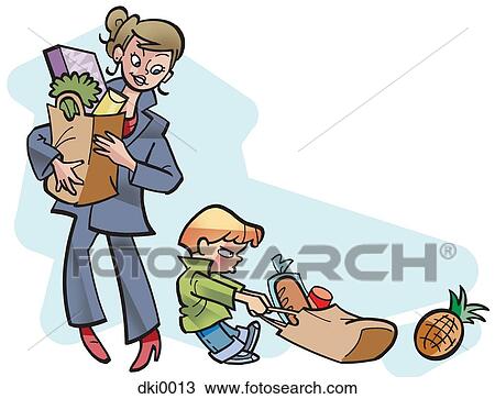 Drawing - A woman and her son with grocery bags. Fotosearch