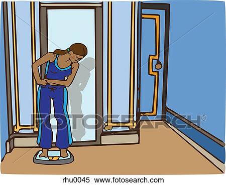 Stock Illustration - A woman in exercise clothes weighing herself on a scale. Fotosearch