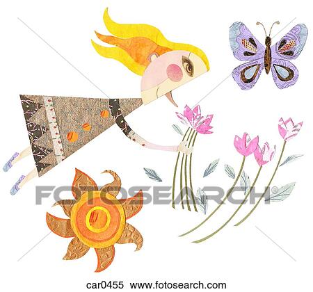 Stock Illustration - A woman picking spring flowers with the sun and a butterfly. Fotosearch