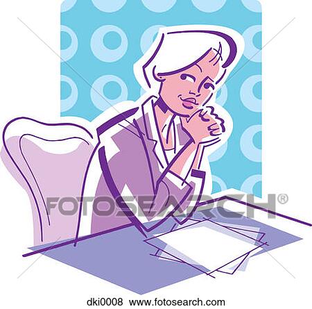 Stock Illustration - A woman sitting at her desk in the office. Fotosearch