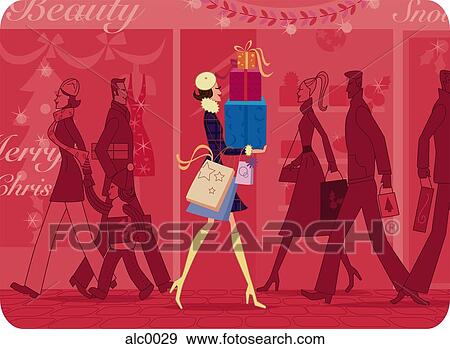 Stock Illustration - A woman with a stack of Christmas gifts walks down a busy shopping street. Fotosearch