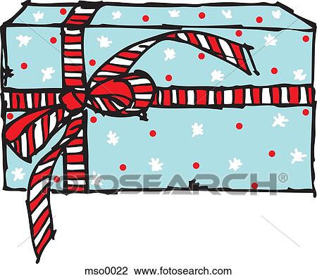 Drawing - A wrapped present with a striped ribbon bow. Fotosearch