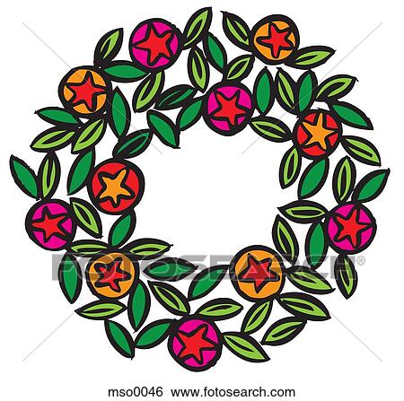 A wreath of leaves and Christmas ornaments View Large Illustration Stock Illustration - A wreath of leaves and Christmas ornaments. Fotosearch