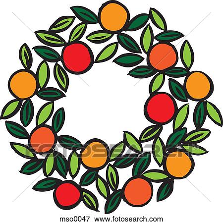 A wreath of leaves and oranges View Large Illustration Stock Illustration - A wreath of leaves and oranges. Fotosearch