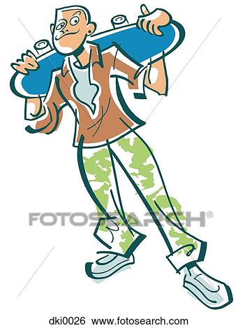 A young man holding a skateboard View Large Illustration Stock Illustration - A young man holding a skateboard. Fotosearch