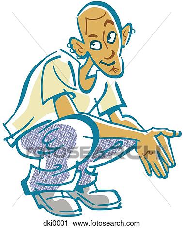 Clip Art - A young man squatting with his hands together. Fotosearch