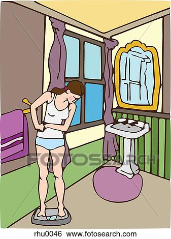 A young woman weighing herself on a scale in a bathroom View Large Illustration Stock Illustration - A young woman weighing herself on a scale in a bathroom. Fotosearch