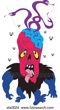 A zombie walking with its brains exposed and snakes coming out of its head View Large Illustration Stock Illustration - A zombie walking with its brains exposed and snakes coming out of its head. Fotosearch
