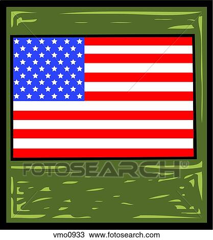 Drawing - An American flag on a green background. Fotosearch