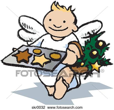 Drawing - An angel carrying a tray of cookies and a basket of Christmas ornaments. Fotosearch