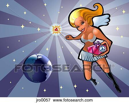 An angel holding a gift, flying in the sky with Earth in the background View Large Illustration Stock Illustration - An angel holding a gift, flying in the sky with Earth in the background. Fotosearch