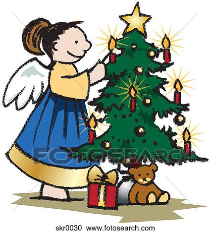 Clipart - An angel lighting candles on a Christmas tree. Fotosearch