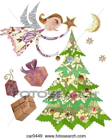 An angel placing a star on top of a Christmas tree, with presents on the side, and stars and moon behind View Large Illustration Stock Illustration - An angel placing a star on top of a Christmas tree, with presents on the side, and stars and moon behind. Fotosearch
