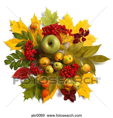 Stock Illustration - An autumn wreath with leaves, apples and berries. Fotosearch