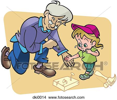 Stock Illustration - An old man helping a little girl remove a wood splinter from her hand. Fotosearch