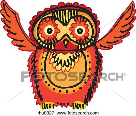 Stock Illustration - An orange and yellow owl with wings open and raised. Fotosearch