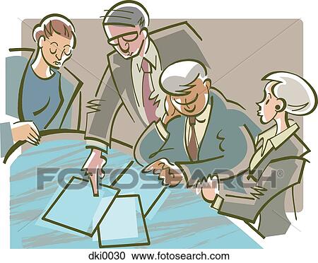 Clipart - Business people discussing papers at a meeting. Fotosearch