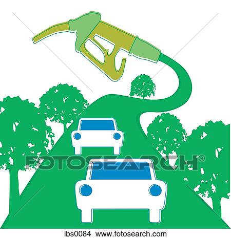 Cars driving on a green road attached to a gas pump View Large Illustration Stock Illustration - Cars driving on a green road attached to a gas pump. Fotosearch