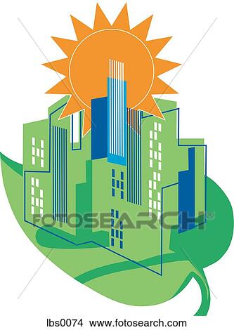 City buildings on green leaf, with a bright sun behind it View Large Illustration Stock Illustration - City buildings on green leaf, with a bright sun behind it. Fotosearch